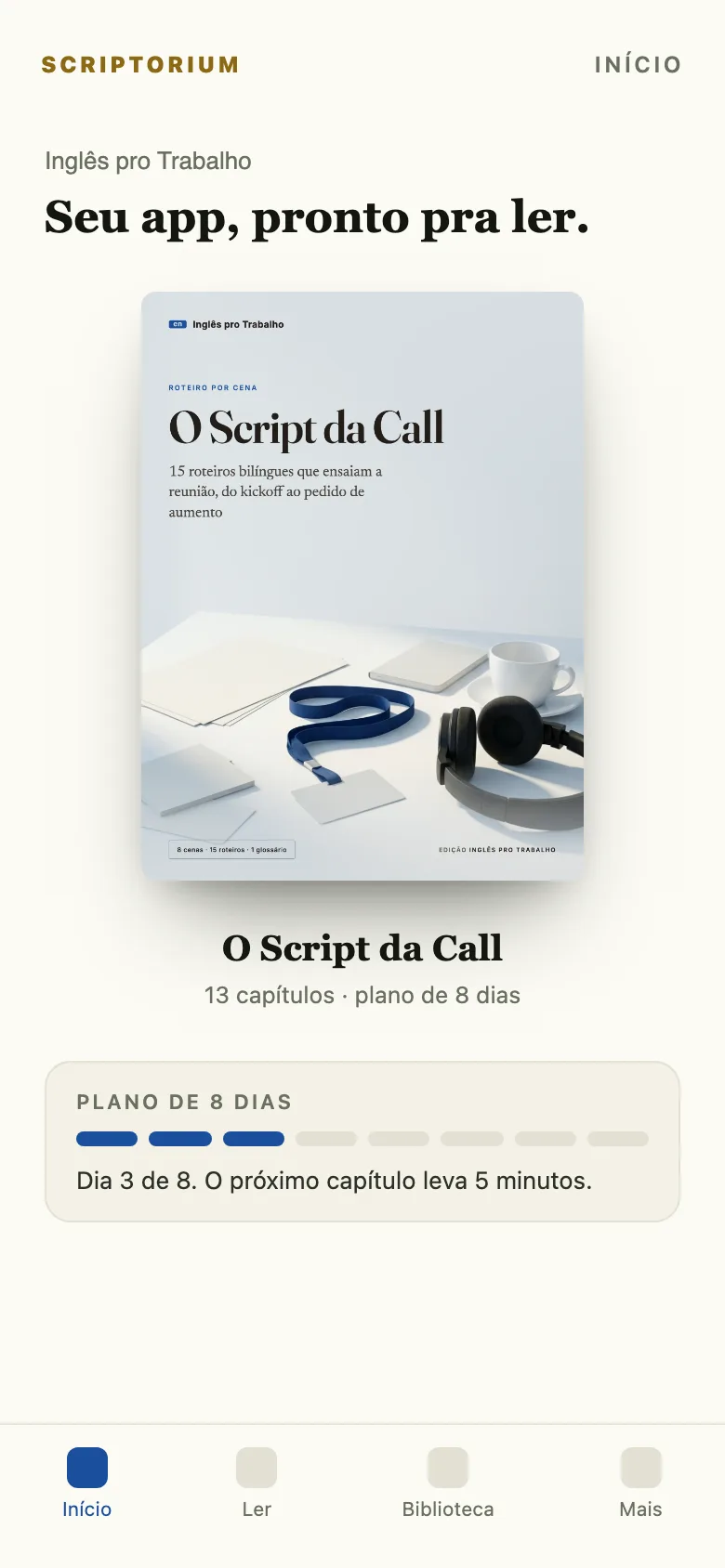 Capa do app: o ebook O Script da Call aberto na tela Início, com o plano de 8 dias